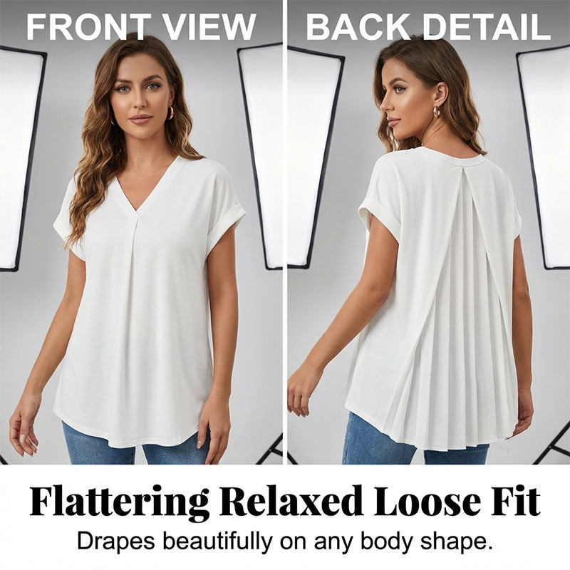 Aarenza flowy short sleeve top with inverted pleat back, lightweight fabric, and relaxed fit in a versatile casual style.
