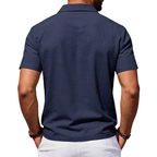 A men's Arenzza cotton linen short sleeve shirt with a classic collar, breathable fabric, and relaxed fit, shown on a hanger.