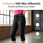 A pair of women's stretch denim Capri jeans by Arenzza, showcasing a fitted style with a mid-rise waist and classic denim wash.