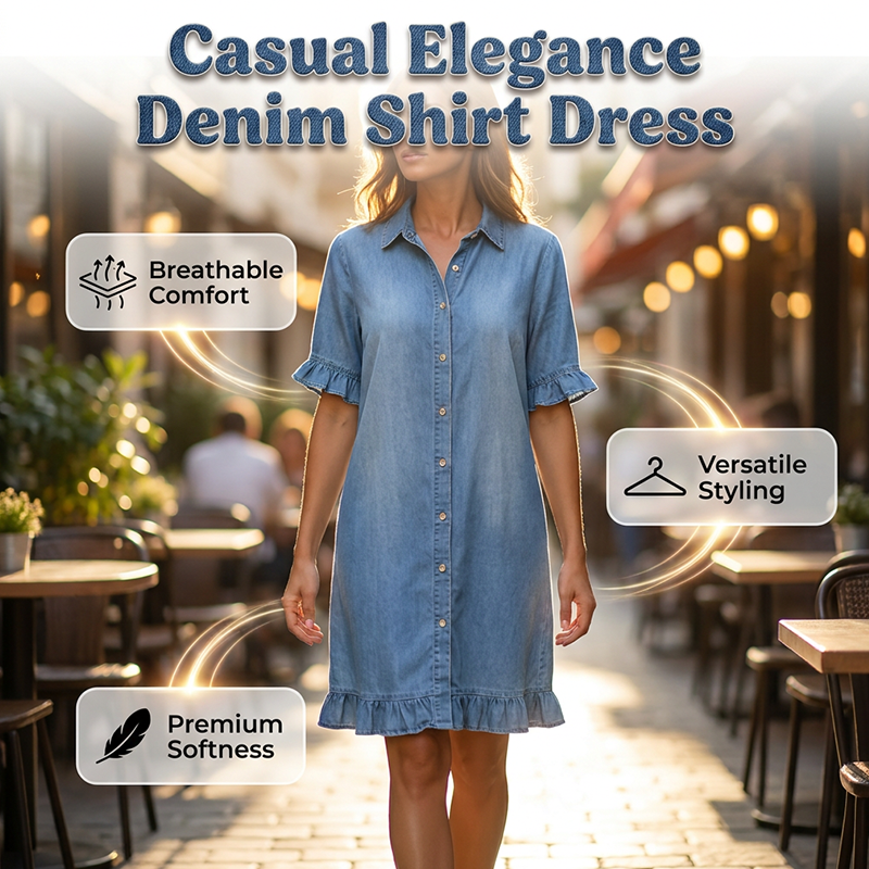Aarenza loose fit denim shirt dress with ruffle details, styled casually on a model for a trendy, effortless look.