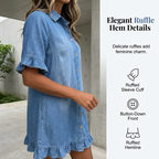 Arenzza loose fit denim shirt dress with ruffles, casual style, featuring a button-up front and ruffled hem, blue denim fabric.