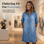 Arenzza loose fit denim shirt dress with ruffles, featuring a casual, stylish look perfect for easy, chic outfit choices.