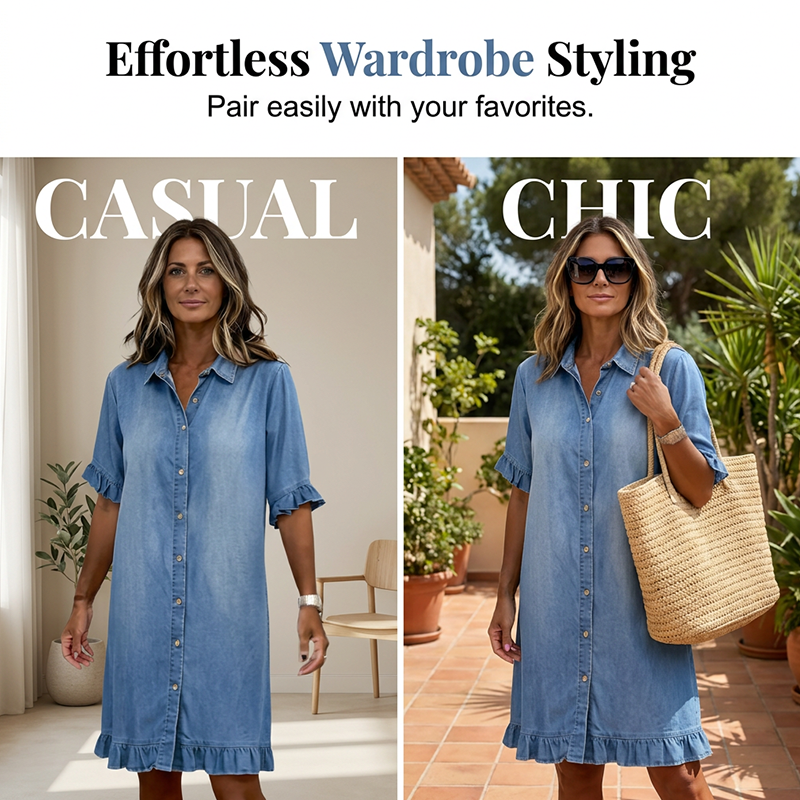 Aarenza loose fit denim shirt dress with ruffles, featuring a casual, stylish look perfect for effortless outfit dressing.