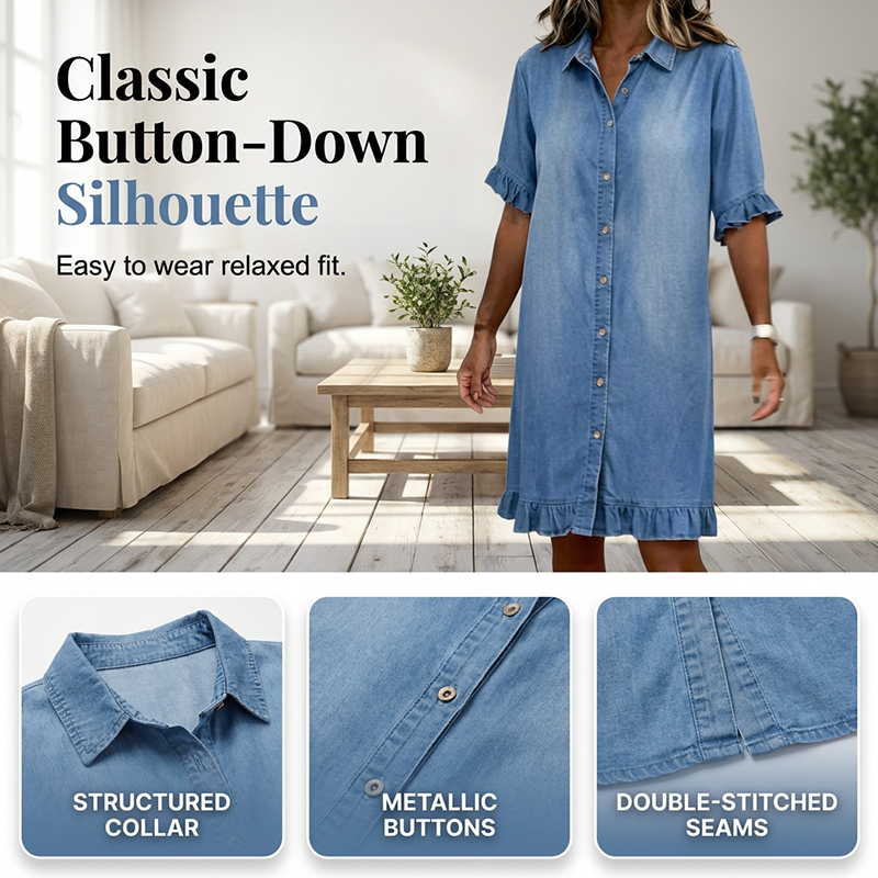 Aarenza loose fit denim shirt dress with ruffle details, casual yet stylish, displayed on a hanger.