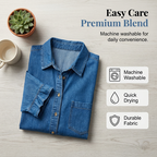 Aarenza loose fit denim shirt dress with ruffle details, styled casually for a relaxed, chic look.