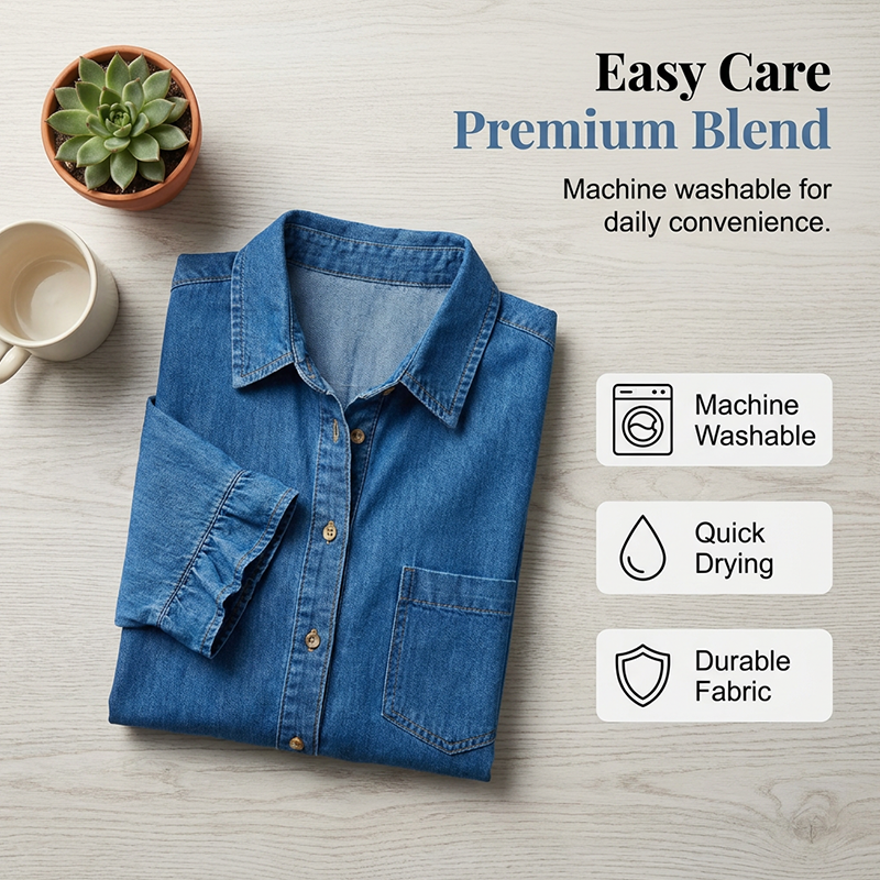 Aarenza loose fit denim shirt dress with ruffle details, styled casually for a relaxed, chic look.