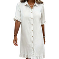 Aarenza loose fit denim shirt dress with ruffle details, casual and stylish, displayed on a hanger with a blue denim fabric.
