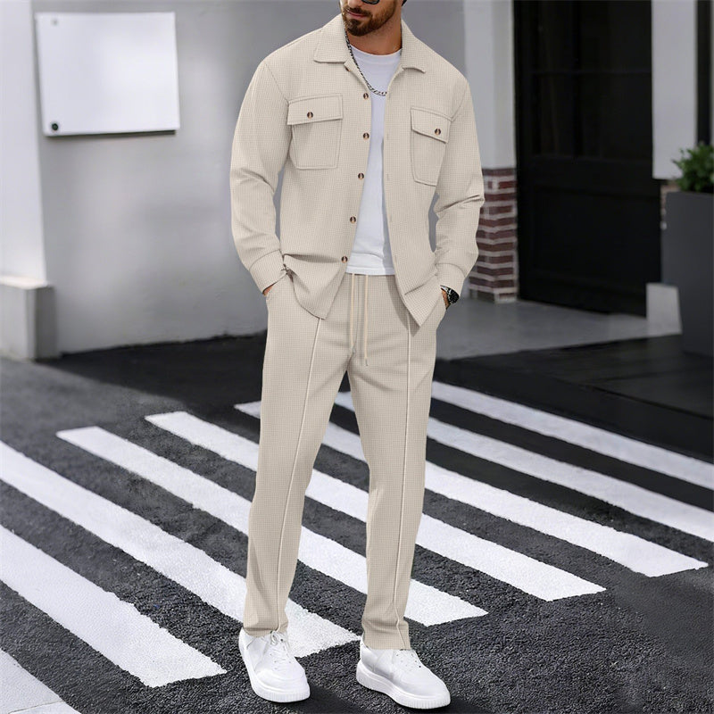 Men's waffle button-down jacket and pants set by Arenzza, featuring a casual, comfortable clothing ensemble in neutral tones.