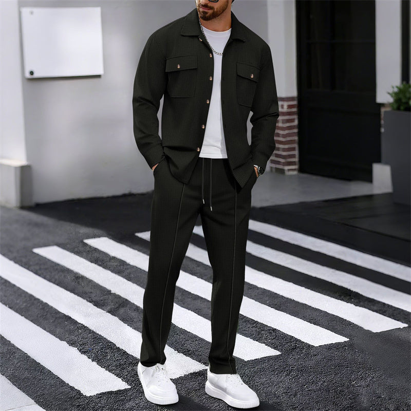 Men's waffle button-down jacket and pants set by Arenzza, featuring a casual, textured fabric in a coordinated clothing ensemble.