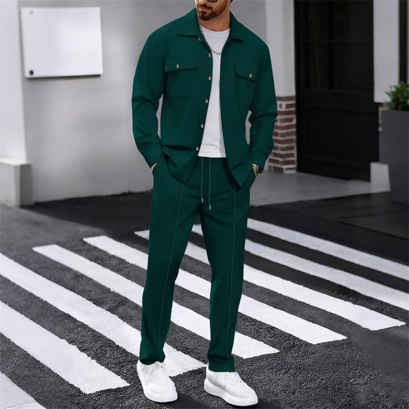 A men's waffle button-down jacket and pants set by Arenzza, featuring a textured fabric design and casual fit.