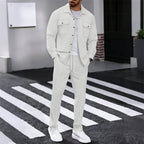 Men's Arenzza waffle button-down jacket and pants set, casual clothing with textured fabric and relaxed fit.