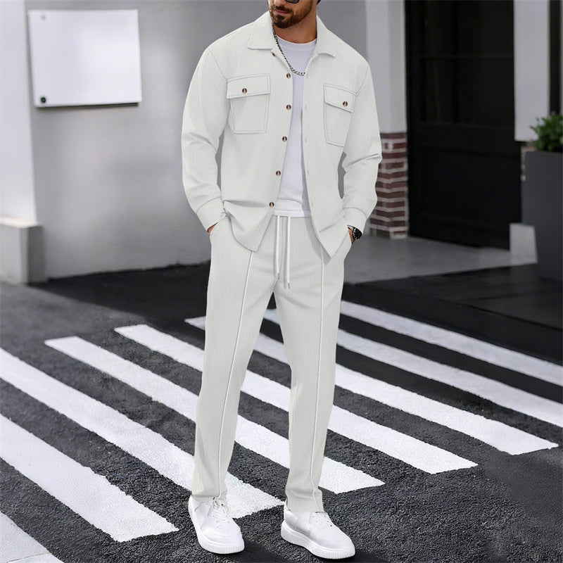 Men's Arenzza waffle button-down jacket and pants set, casual clothing with textured fabric and relaxed fit.