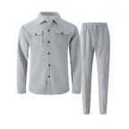 Men's Arenzza waffle button-down jacket and pants set, casual clothing with a textured fabric and relaxed fit.