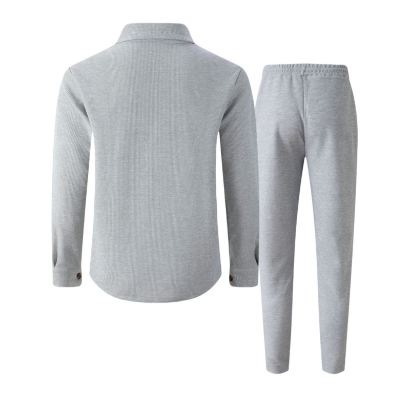 Men's Waffle Button-Down Jacket and Pants Set by Arenzza, featuring a textured waffle fabric in a coordinated clothing outfit.