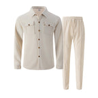 Men's waffle button-down jacket and pants set by Arenzza, featuring a casual, textured fabric in a coordinated clothing outfit.