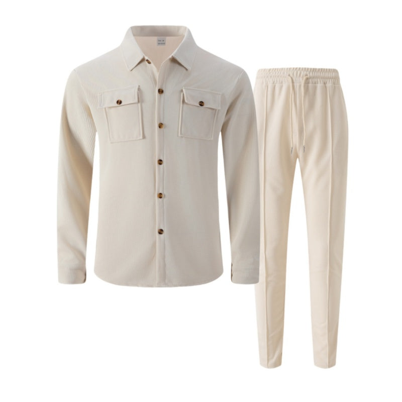 Men's waffle button-down jacket and pants set by Arenzza, featuring a casual, textured fabric in a coordinated clothing outfit.