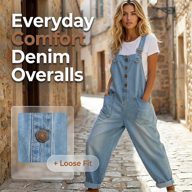 A woman wearing Arenzza casual baggy denim overalls with front and side pockets, styled for everyday wear.
