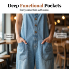 A woman wearing Arenzza women's casual baggy denim overalls with front and side pockets, styled for everyday comfort.