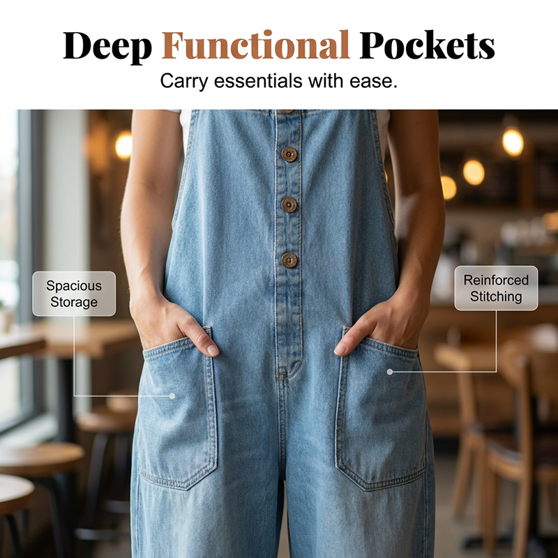 A woman wearing Arenzza women's casual baggy denim overalls with front and side pockets, styled for everyday comfort.