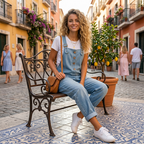 A woman wearing Arenzza women's casual baggy denim overalls with front and side pockets, showcasing a relaxed fit and stylish design.
