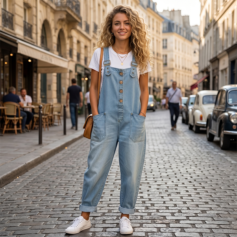 A woman wearing Arenzza women's casual denim overalls with pockets, featuring a relaxed baggy fit and adjustable shoulder straps.