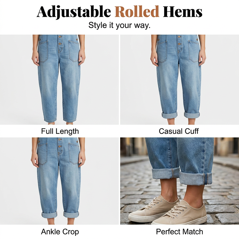 Aarenza women's casual baggy denim overalls with pockets, featuring a relaxed fit and classic blue denim fabric.