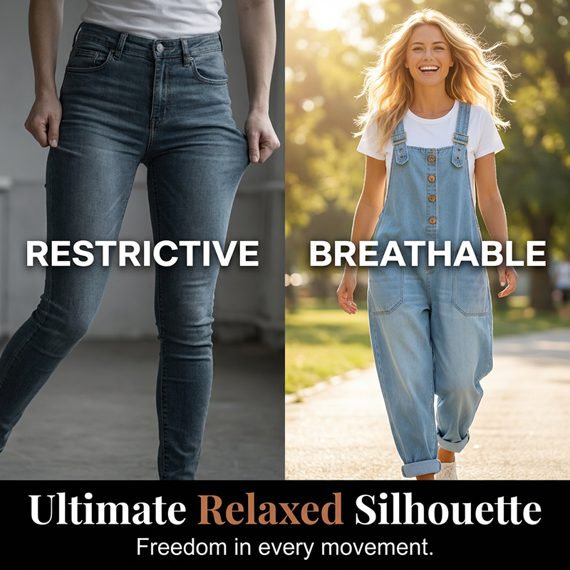 A pair of women's casual baggy denim overalls with front and back pockets from Arenzza, shown hanging on a neutral background.