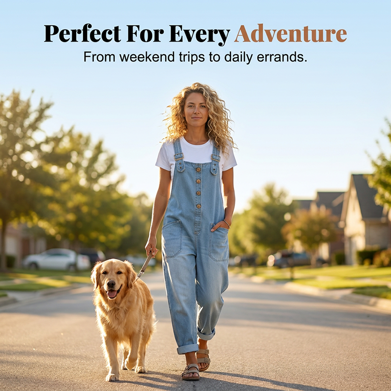 A woman wearing Arenzza casual baggy denim overalls with pockets, showcasing relaxed fit and stylish design.