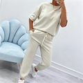 Arenzza women's casual short sleeve top and pants set displayed on a hanger, featuring a comfortable, stylish clothing ensemble.