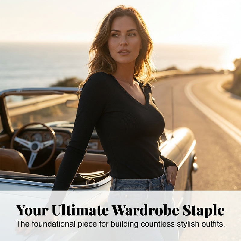 A woman wears a slim fit basic V-neck tee from Arenzza, showcasing a simple, fitted women's clothing top in neutral color.