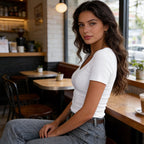 A woman wearing a black slim fit basic V-neck tee by Arenzza, showcasing a comfortable, fitted casual clothing style.
