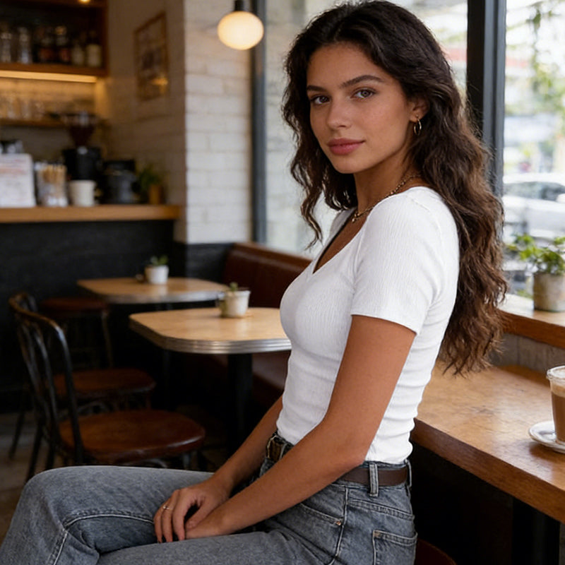 A woman wearing a black slim fit basic V-neck tee by Arenzza, showcasing a comfortable, fitted casual clothing style.