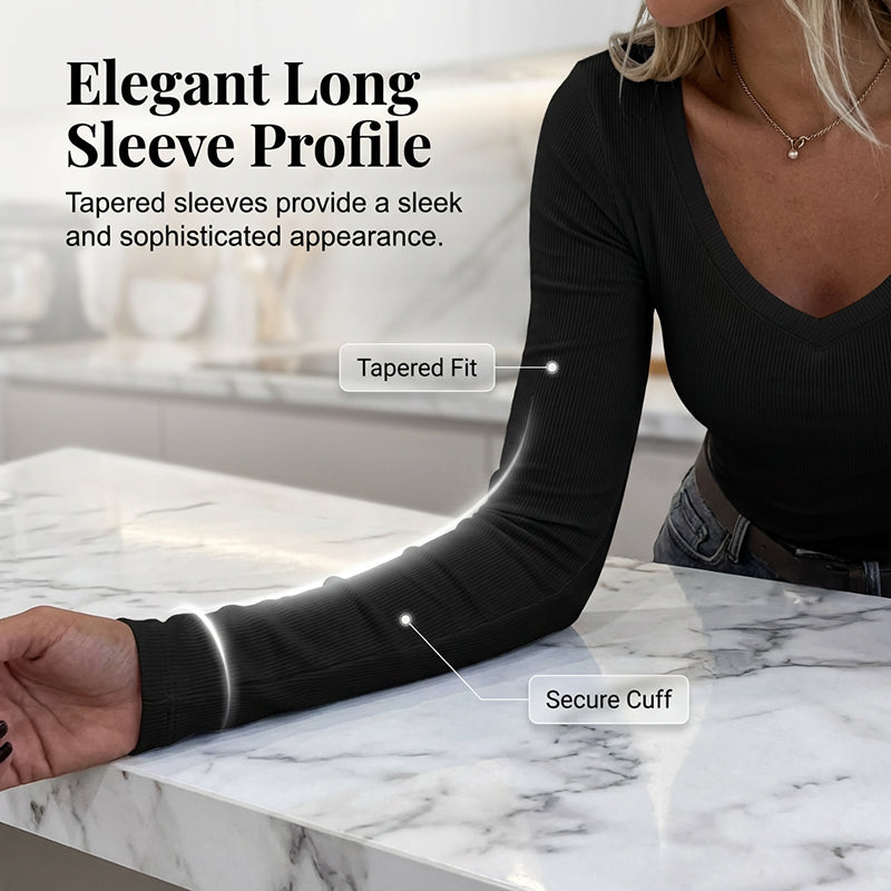 A woman wearing a slim fit basic V-neck tee by Arenzza, showcasing the fitted, casual style in a neutral color.