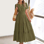 Aarenza women's boho chic smocked waist maxi dress with floral pattern, perfect for spring and summer.