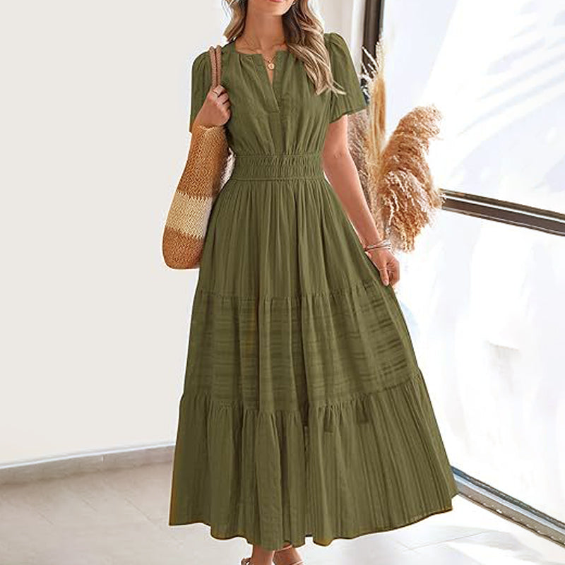 Aarenza women's boho chic smocked waist maxi dress with floral pattern, perfect for spring and summer.