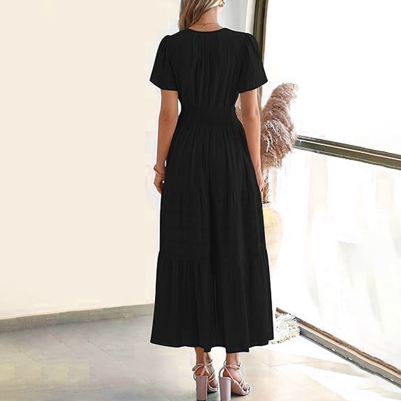 Women's boho chic smocked waist maxi dress by Arenzza, featuring flowy fabric and floral print, perfect for spring fashion.