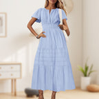 Aarenza women's boho chic smocked waist maxi dress in vibrant floral print, perfect for spring and summer occasions.