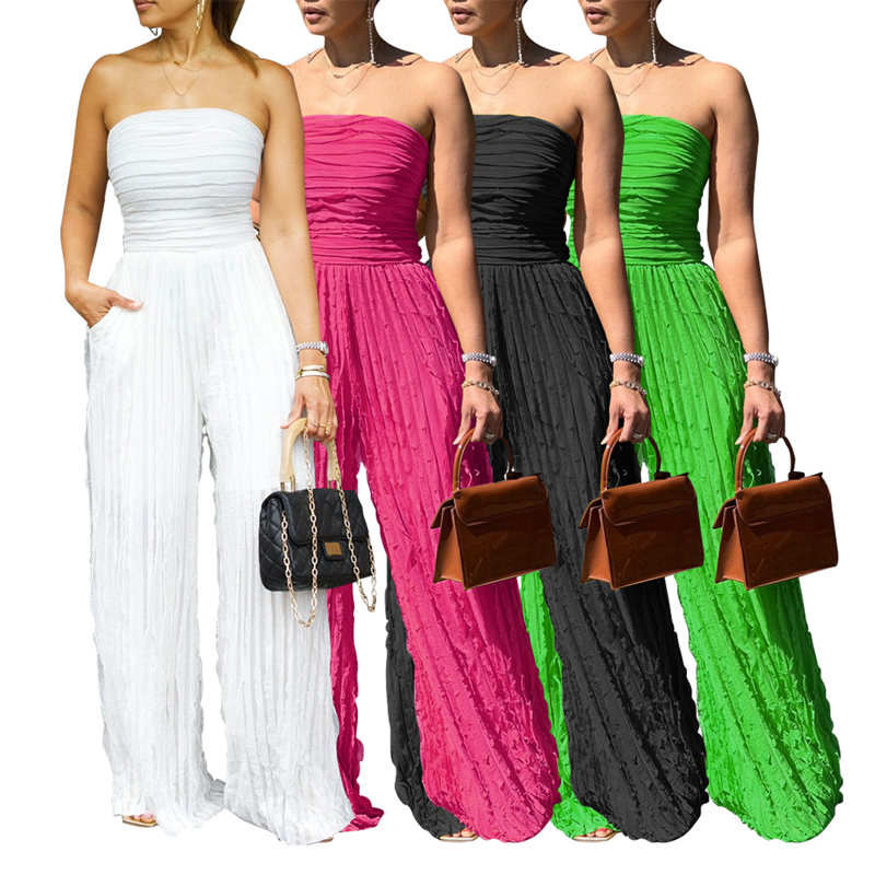 Arenzza strapless crinkle wide-leg jumpsuit hanging on a hanger, showing its flowy fabric and stylish design.