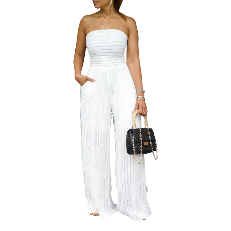 Aarenzza strapless crinkle wide-leg jumpsuit displayed on a hanger, showcasing its flowing fabric and relaxed, stylish fit.