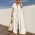 Aarenza women's fashion V-neck loose jumpsuit, stylish and comfortable, worn by a model in a casual setting.