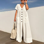 Aarenza women's fashion V-neck loose jumpsuit, stylish and comfortable, worn by a model in a casual setting.