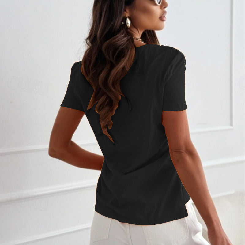 A woman wearing a solid V-neck short sleeve top from Arenzza, showcasing a casual, fitted women's clothing style.