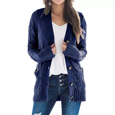 Dark blue women's autumn midi-length knit sweater by Arenzza, showing a cozy, stylish sweater with long sleeves and ribbed hem.
