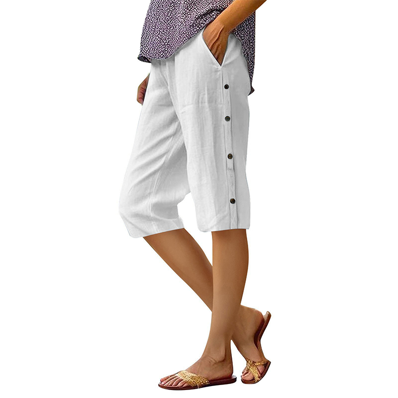 Women’s loose cotton linen Capri pants by Arenzza, breathable casual clothing with a relaxed fit and lightweight fabric.