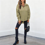 Women's casual solid color half-zip sweatshirt by Arenzza, featuring a comfortable fit and soft fabric, shown in a close-up view.