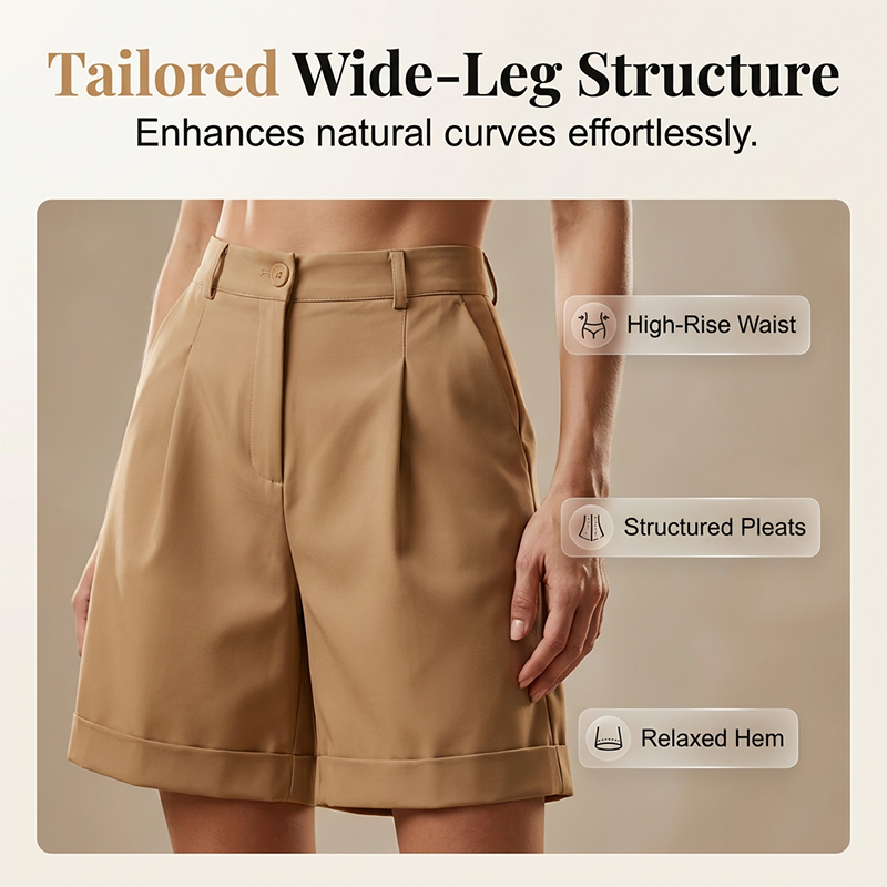 A pair of women's high-waist pleated shorts in a neutral color, featuring a relaxed fit and stylish design from Arenzza.