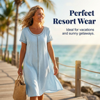 Women's loose fit short sleeve dress by Arenzza, casual style in lightweight fabric, displayed on a hanger.