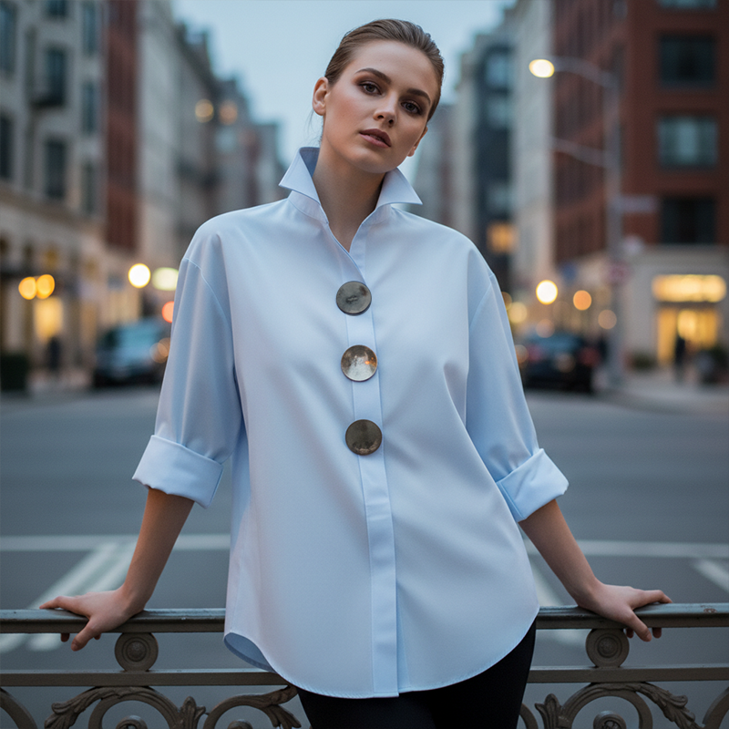 A woman wearing an oversized Arenzza women's button-down shirt with statement buttons, showing the relaxed fit and stylish design.