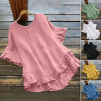 Aarenza women's round neck ruffle blouse featuring soft fabric, short ruffled sleeves, and a feminine style in a light color.