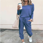 Aarenza women's solid color casual set featuring a long sleeve top and drawstring pants, made from comfortable fabric.